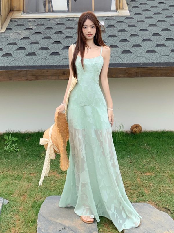 Plus Size Lace Mesh Camisole Dress for Women, Summer French Style, Waist-Cinching A-Line Long Dress for Beach Vacation