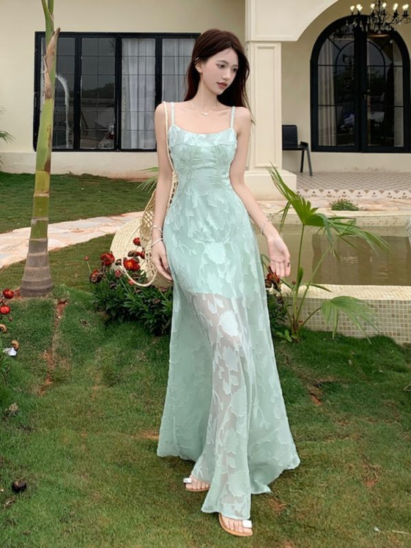 Plus Size Lace Mesh Camisole Dress for Women, Summer French Style, Waist-Cinching A-Line Long Dress for Beach Vacation