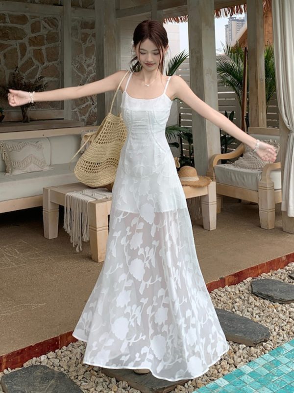 Plus Size Lace Mesh Camisole Dress for Women, Summer French Style, Waist-Cinching A-Line Long Dress for Beach Vacation