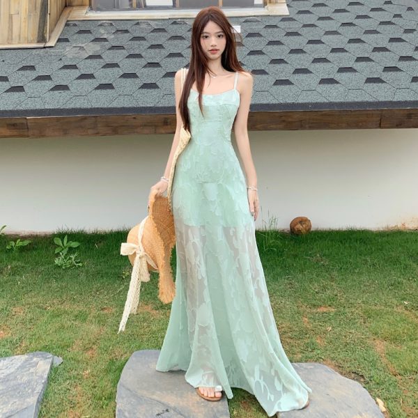 Plus Size Lace Mesh Camisole Dress for Women, Summer French Style, Waist-Cinching A-Line Long Dress for Beach Vacation