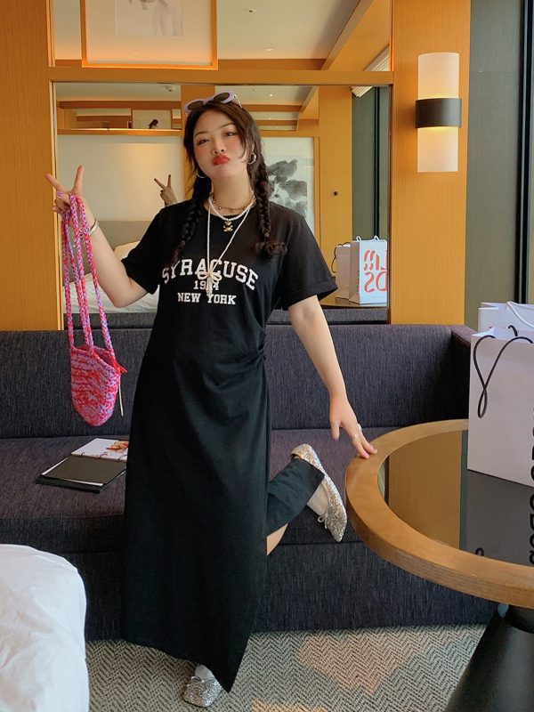 Plus-Size Letter Print Dress for Women, Slimming Summer 2025 Black Long Skirt with Slit, Chic and Comfortable Fashion