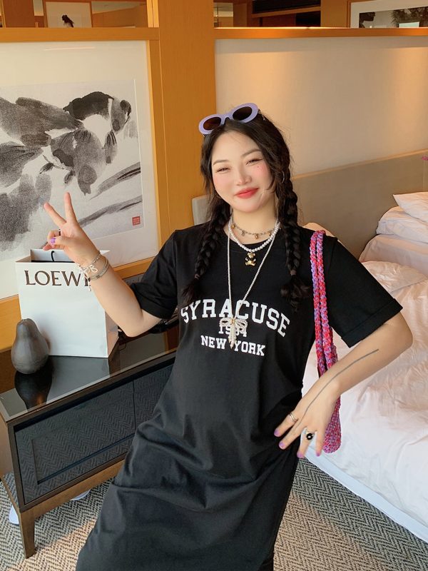 Plus-Size Letter Print Dress for Women, Slimming Summer 2025 Black Long Skirt with Slit, Chic and Comfortable Fashion