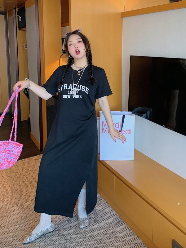 Plus-Size Letter Print Dress for Women, Slimming Summer 2025 Black Long Skirt with Slit, Chic and Comfortable Fashion