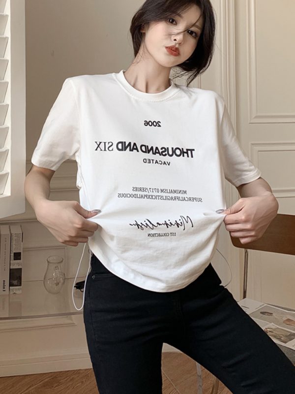 Plus Size Letter Print Short Sleeve T-Shirt for Women, Loose Drawstring Summer Top, Slimming Tummy-Covering Design