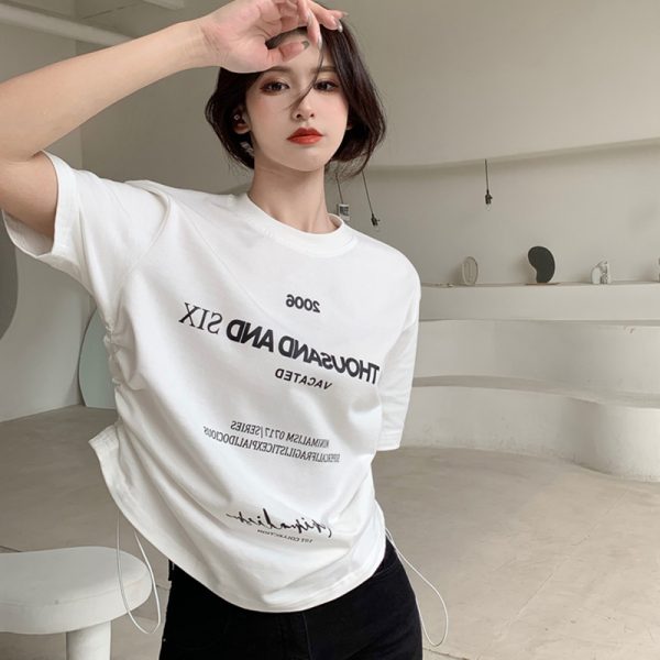 Plus Size Letter Print Short Sleeve T-Shirt for Women, Loose Drawstring Summer Top, Slimming Tummy-Covering Design