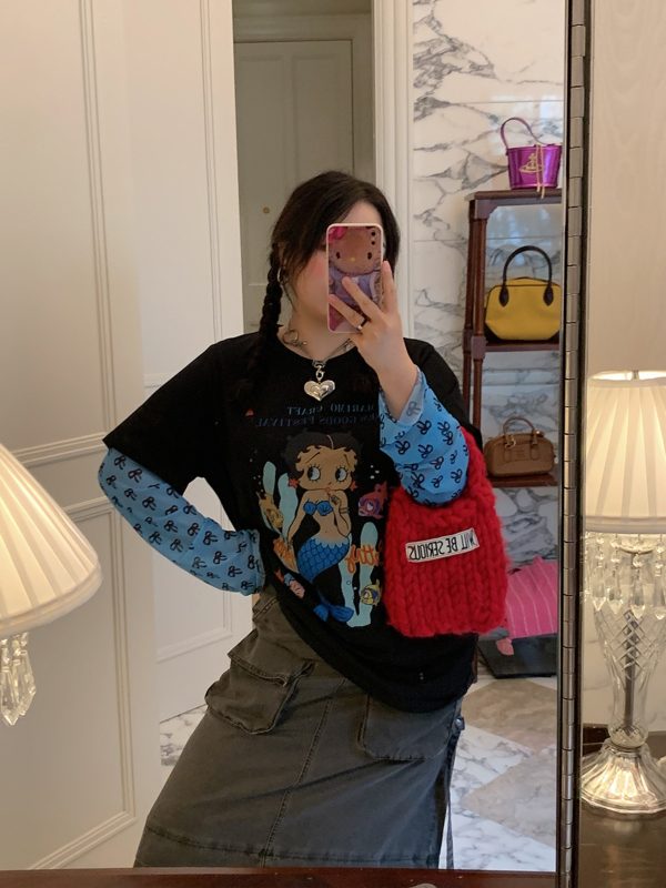 Plus-Size Long Sleeve T-Shirt for Women, Fake Two-Piece Design, 2025 Spring Style, Niche Fashion Top