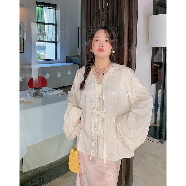Plus Size Long Sleeve V-Neck Lace Shirt for Women - New Chinese Style National Wind Spring 2025 Top