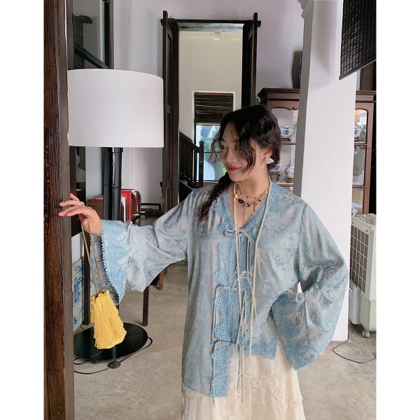 Plus Size Long Sleeve V-Neck Lace Shirt for Women - New Chinese Style National Wind Spring 2025 Top