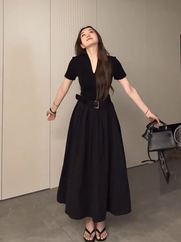 Plus Size Long V-Neck Little Black Dress for Women, Flattering A-Line Hem, Waist-Cinching, Short Sleeve, Elegant Style