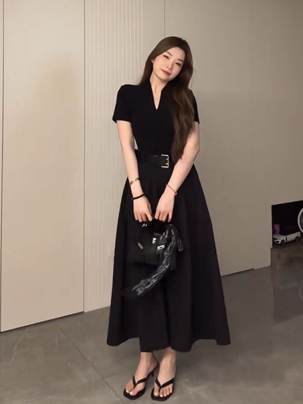 Plus Size Long V-Neck Little Black Dress for Women, Flattering A-Line Hem, Waist-Cinching, Short Sleeve, Elegant Style