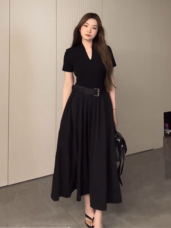 Plus Size Long V-Neck Little Black Dress for Women, Flattering A-Line Hem, Waist-Cinching, Short Sleeve, Elegant Style