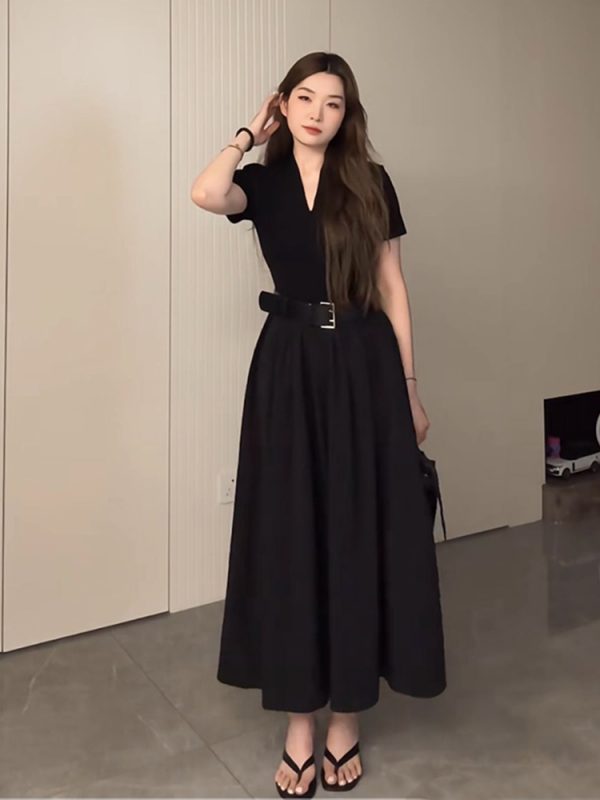 Plus Size Long V-Neck Little Black Dress for Women, Flattering A-Line Hem, Waist-Cinching, Short Sleeve, Elegant Style