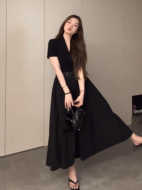 Plus Size Long V-Neck Little Black Dress for Women, Flattering A-Line Hem, Waist-Cinching, Short Sleeve, Elegant Style