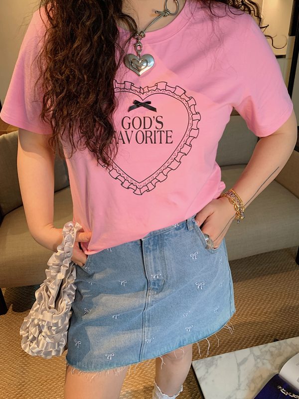 Plus Size Love Heart Bow Short Sleeve T-shirt for Women - Unique Beautiful Design - Spring/Summer 2025 - Y2K Korean Style Fashion