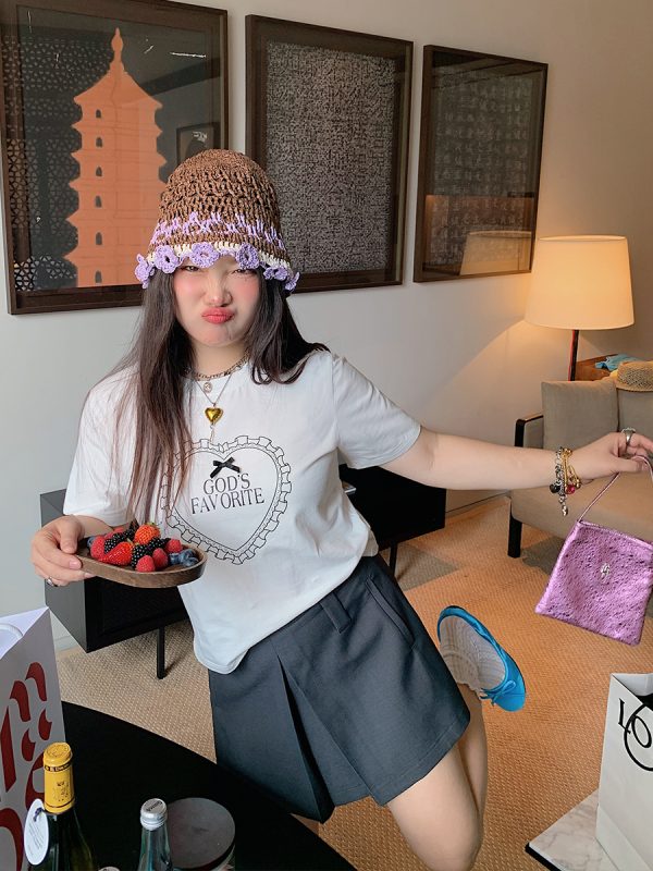 Plus Size Love Heart Bow Short Sleeve T-shirt for Women - Unique Beautiful Design - Spring/Summer 2025 - Y2K Korean Style Fashion