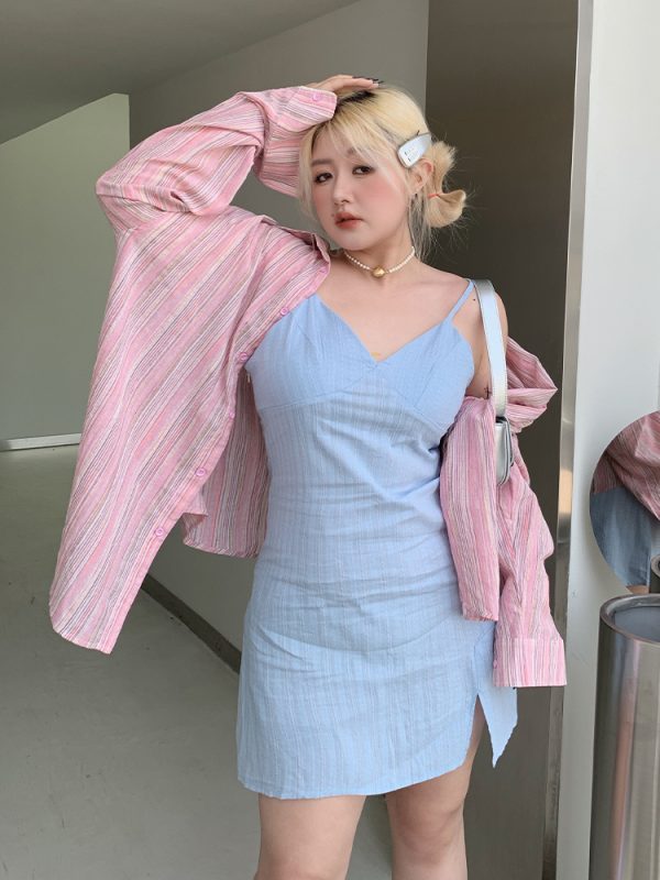Plus Size Minimalist Oversized Striped Shirt Jacket - Breathable Sun Protection for Fresh Summer Style