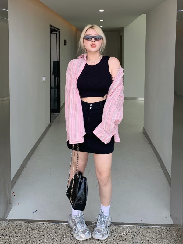 Plus Size Minimalist Oversized Striped Shirt Jacket - Breathable Sun Protection for Fresh Summer Style