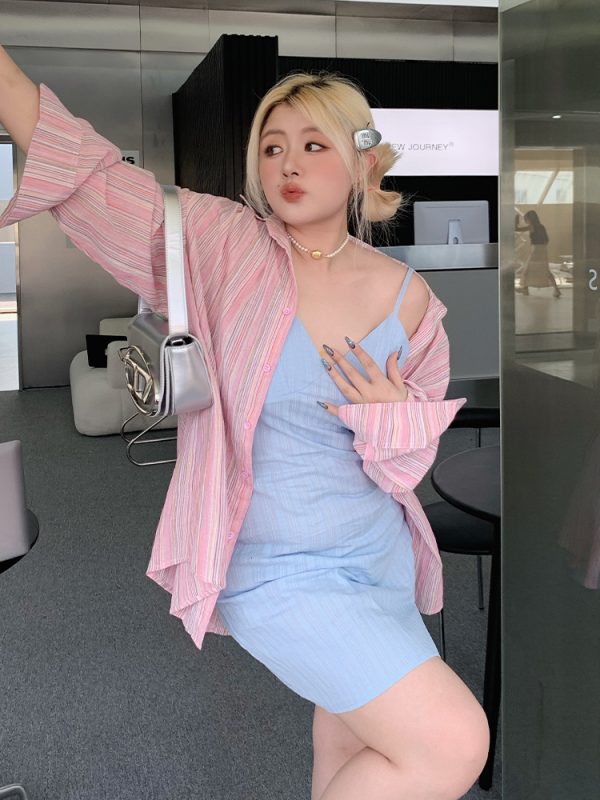 Plus Size Minimalist Oversized Striped Shirt Jacket - Breathable Sun Protection for Fresh Summer Style