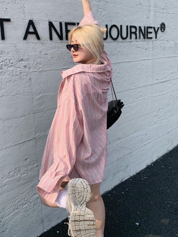 Plus Size Minimalist Oversized Striped Shirt Jacket - Breathable Sun Protection for Fresh Summer Style