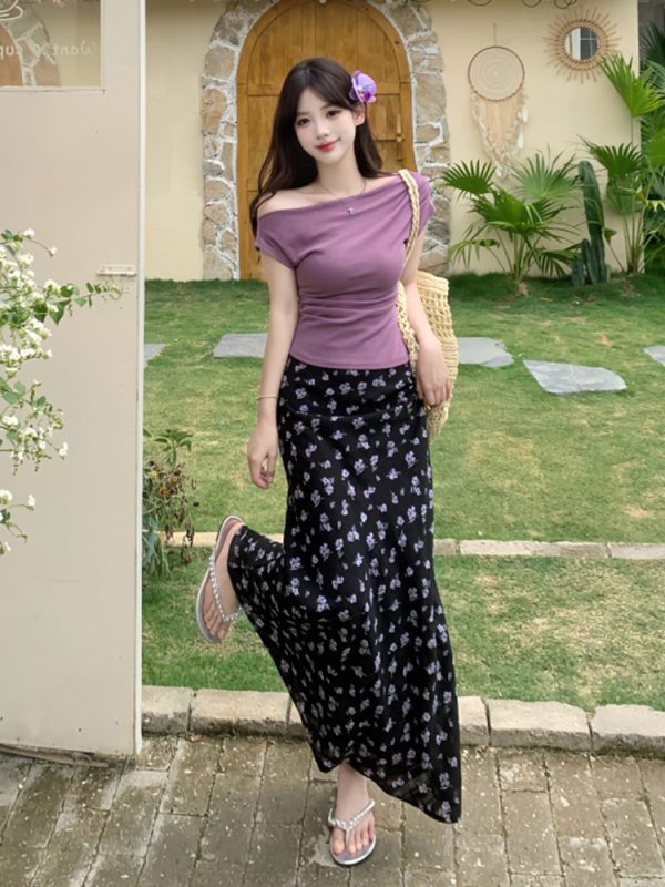 Plus Size Off-Shoulder Floral Two-Piece Set for Women - Summer Short Sleeve T-Shirt & High-Waisted Skirt, Trendy Ins Style