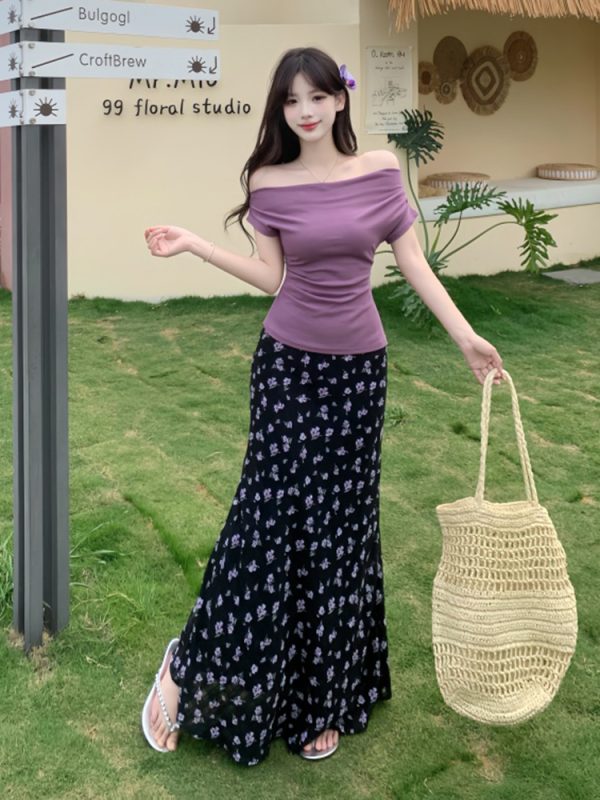 Plus Size Off-Shoulder Floral Two-Piece Set for Women - Summer Short Sleeve T-Shirt & High-Waisted Skirt, Trendy Ins Style