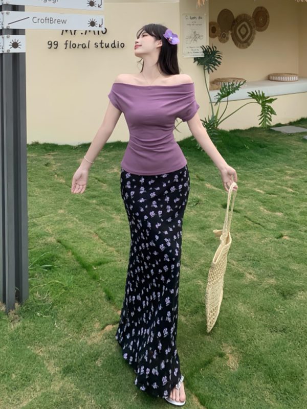 Plus Size Off-Shoulder Floral Two-Piece Set for Women - Summer Short Sleeve T-Shirt & High-Waisted Skirt, Trendy Ins Style