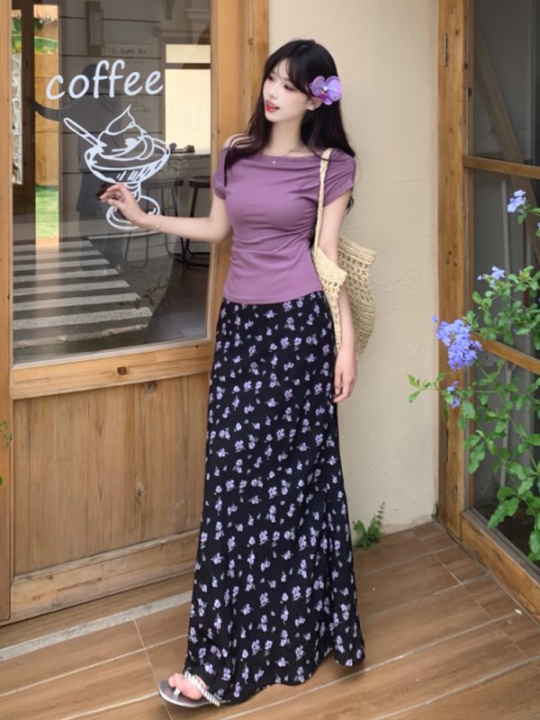 Plus Size Off-Shoulder Floral Two-Piece Set for Women - Summer Short Sleeve T-Shirt & High-Waisted Skirt, Trendy Ins Style