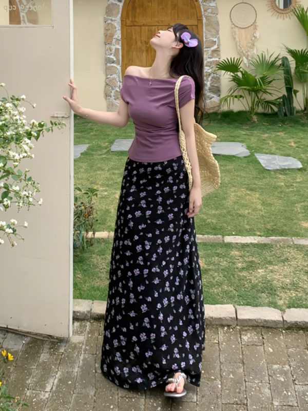 Plus Size Off-Shoulder Floral Two-Piece Set for Women - Summer Short Sleeve T-Shirt & High-Waisted Skirt, Trendy Ins Style