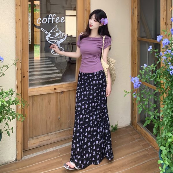 Plus Size Off-Shoulder Floral Two-Piece Set for Women - Summer Short Sleeve T-Shirt & High-Waisted Skirt, Trendy Ins Style