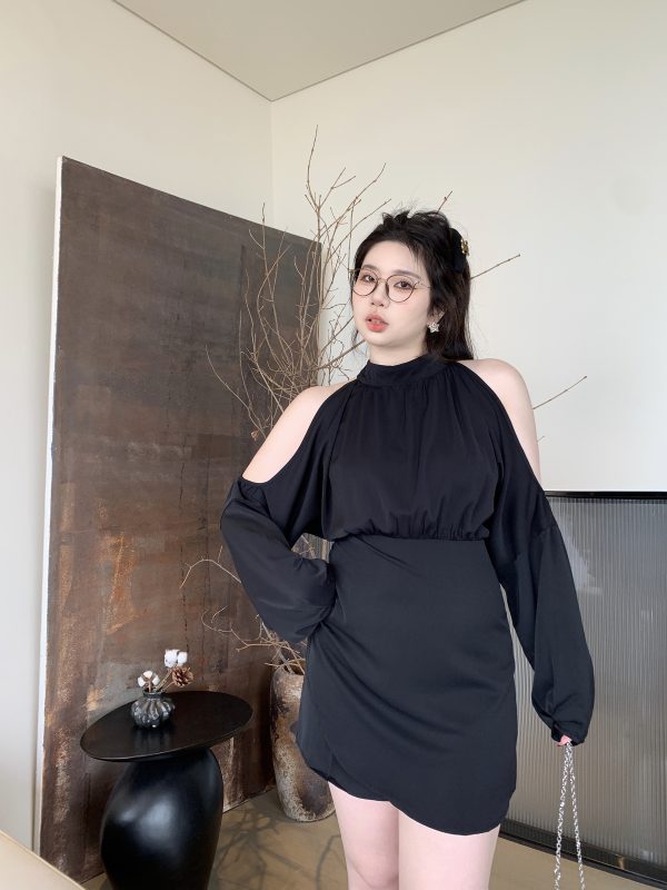 Plus Size Off-Shoulder Halter Long Sleeve Shirt Dress in Pure Desire Style - Trendy Chubby Fit, Fashionable Everyday Wear