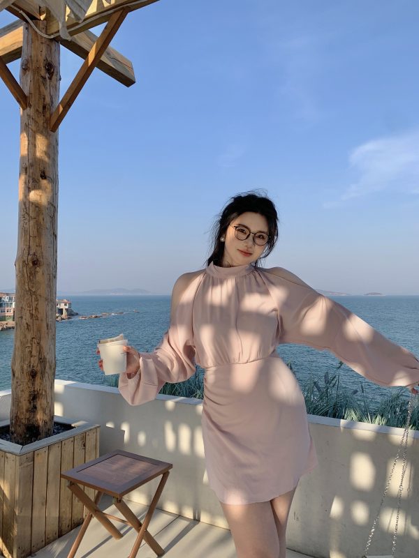 Plus Size Off-Shoulder Halter Long Sleeve Shirt Dress in Pure Desire Style - Trendy Chubby Fit, Fashionable Everyday Wear