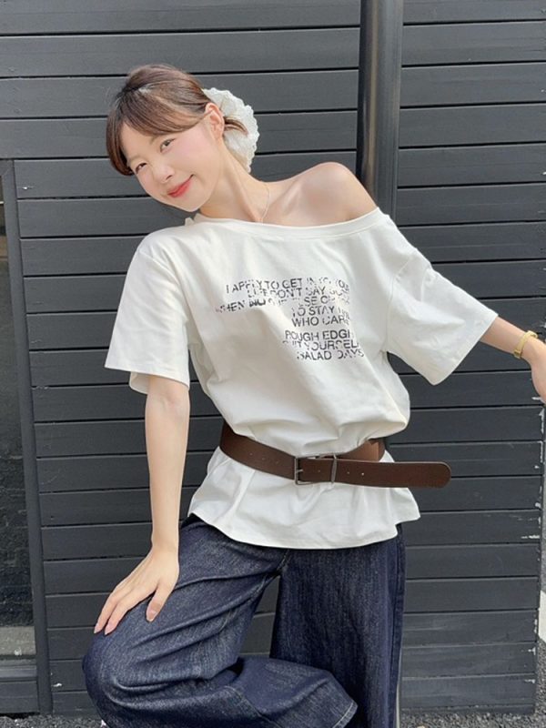 Plus Size Off-Shoulder Letter Print T-Shirt for Women, Summer Loose Fit Top, Flattering Curvy Style, Belly Coverage, Casual American Fashion