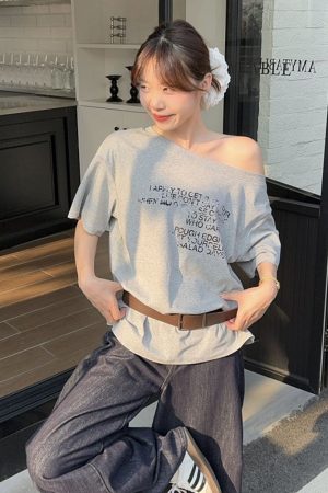 Plus Size Off-Shoulder Letter Print T-Shirt for Women, Summer Loose Fit Top, Flattering Curvy Style, Belly Coverage, Casual American Fashion