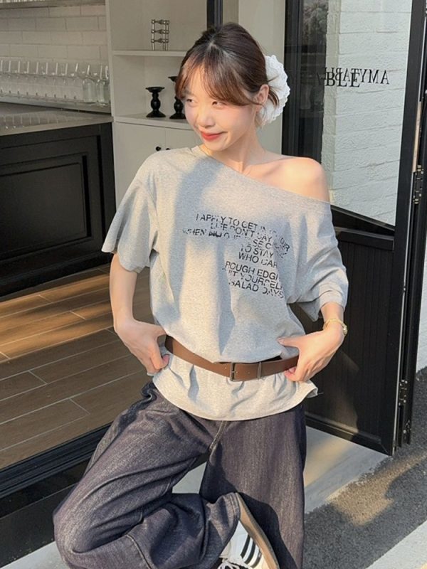 Plus Size Off-Shoulder Letter Print T-Shirt for Women, Summer Loose Fit Top, Flattering Curvy Style, Belly Coverage, Casual American Fashion