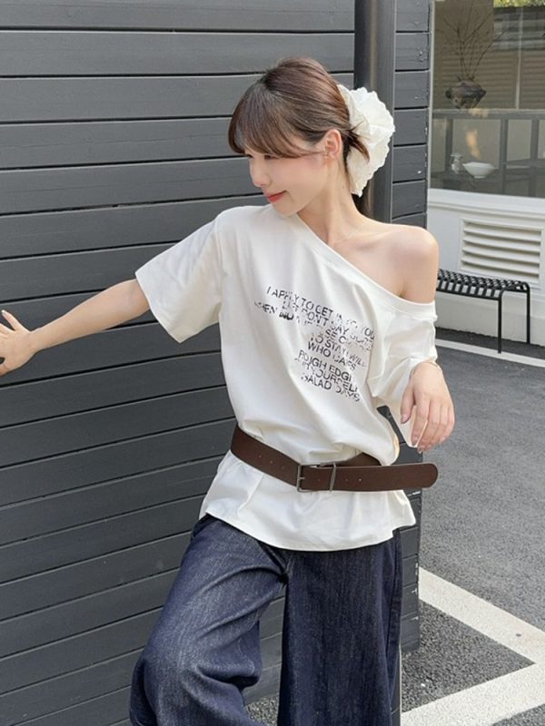 Plus Size Off-Shoulder Letter Print T-Shirt for Women, Summer Loose Fit Top, Flattering Curvy Style, Belly Coverage, Casual American Fashion
