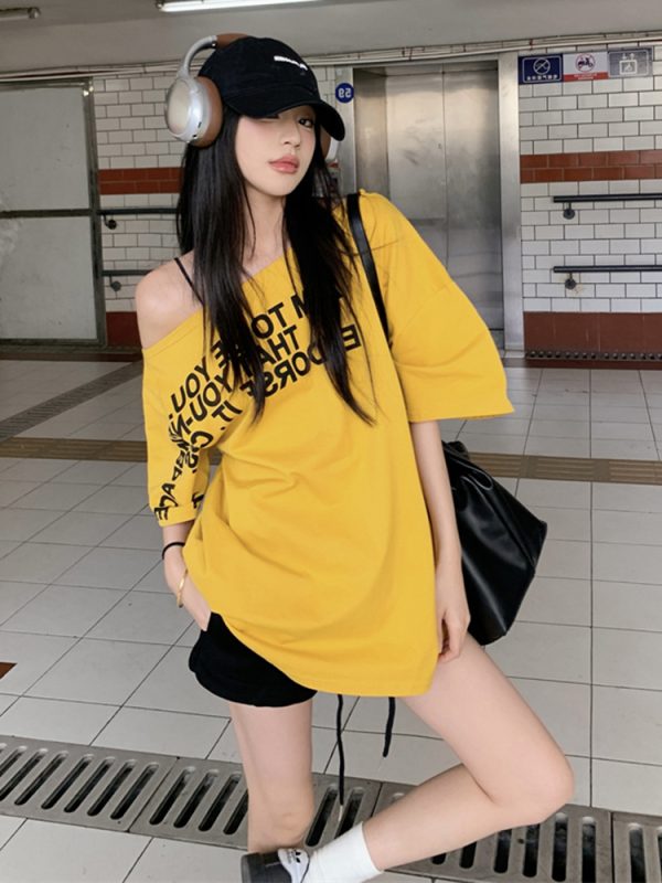 Plus Size Off-Shoulder Letter T-Shirt for Women - Summer Short Sleeve Loose Fit Slimming Top - Spicy Girl American Style
