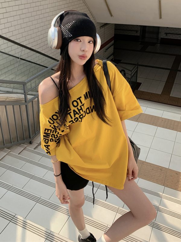 Plus Size Off-Shoulder Letter T-Shirt for Women - Summer Short Sleeve Loose Fit Slimming Top - Spicy Girl American Style