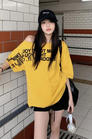 Plus Size Off-Shoulder Letter T-Shirt for Women - Summer Short Sleeve Loose Fit Slimming Top - Spicy Girl American Style