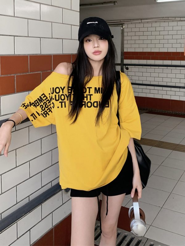 Plus Size Off-Shoulder Letter T-Shirt for Women - Summer Short Sleeve Loose Fit Slimming Top - Spicy Girl American Style