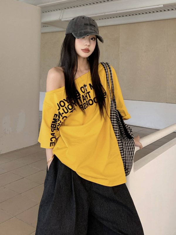Plus Size Off-Shoulder Letter T-Shirt for Women - Summer Short Sleeve Loose Fit Slimming Top - Spicy Girl American Style
