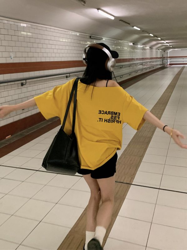 Plus Size Off-Shoulder Letter T-Shirt for Women - Summer Short Sleeve Loose Fit Slimming Top - Spicy Girl American Style