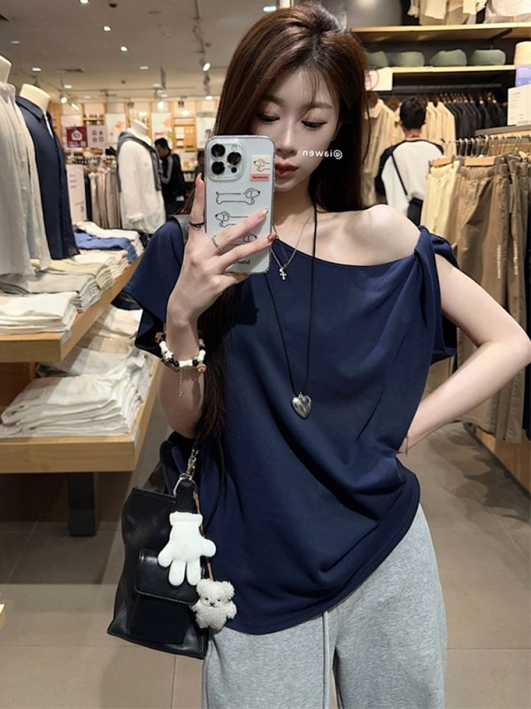 Plus Size Off-Shoulder Short Sleeve T-Shirt for Women - Summer Sweet & Spicy Loose Fit with Twist Detail, Flattering Design