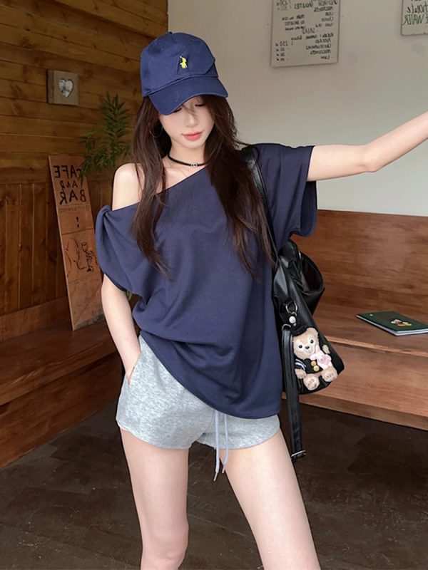 Plus Size Off-Shoulder Short Sleeve T-Shirt for Women - Summer Sweet & Spicy Loose Fit with Twist Detail, Flattering Design