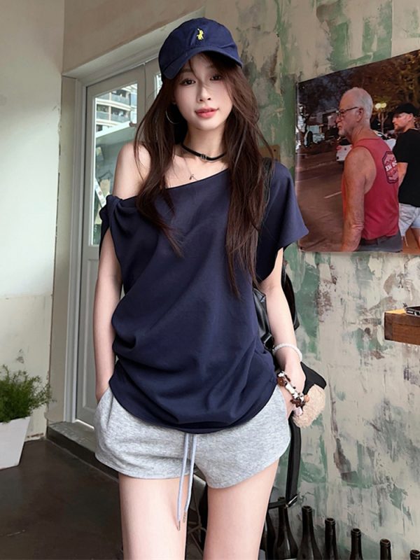 Plus Size Off-Shoulder Short Sleeve T-Shirt for Women - Summer Sweet & Spicy Loose Fit with Twist Detail, Flattering Design