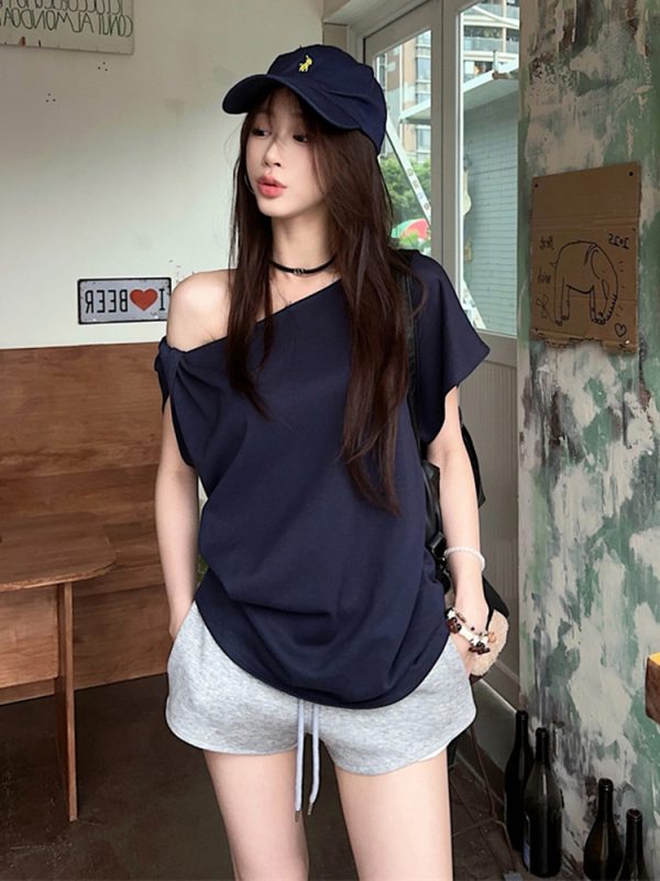 Plus Size Off-Shoulder Short Sleeve T-Shirt for Women - Summer Sweet & Spicy Loose Fit with Twist Detail, Flattering Design