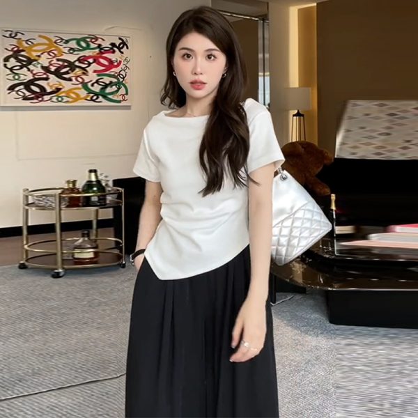 Plus-Size One-Shoulder Short Sleeve T-Shirt for Women - Spicy Girl Irregular Collarbone Summer Top, Slim Fit, Trendy Temperament Style