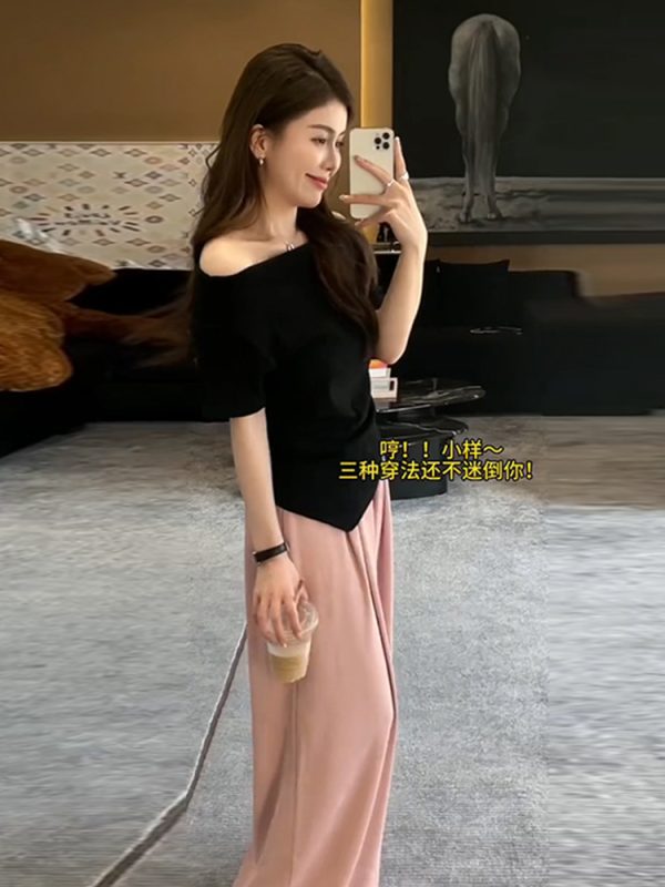 Plus-Size One-Shoulder Short Sleeve T-Shirt for Women - Spicy Girl Irregular Collarbone Summer Top, Slim Fit, Trendy Temperament Style