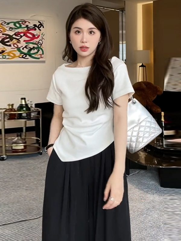 Plus-Size One-Shoulder Short Sleeve T-Shirt for Women - Spicy Girl Irregular Collarbone Summer Top, Slim Fit, Trendy Temperament Style