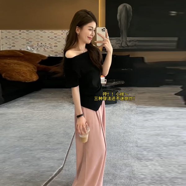Plus-Size One-Shoulder Short Sleeve T-Shirt for Women - Spicy Girl Irregular Collarbone Summer Top, Slim Fit, Trendy Temperament Style