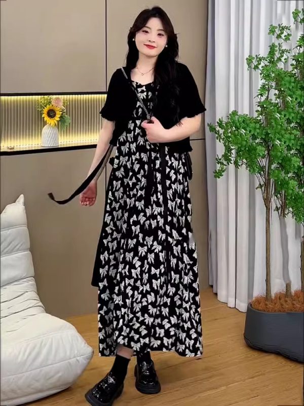 Plus Size Oversized Summer Cover-Up Outfit for Women - Short Sleeve Cardigan with Printed Camisole Dress